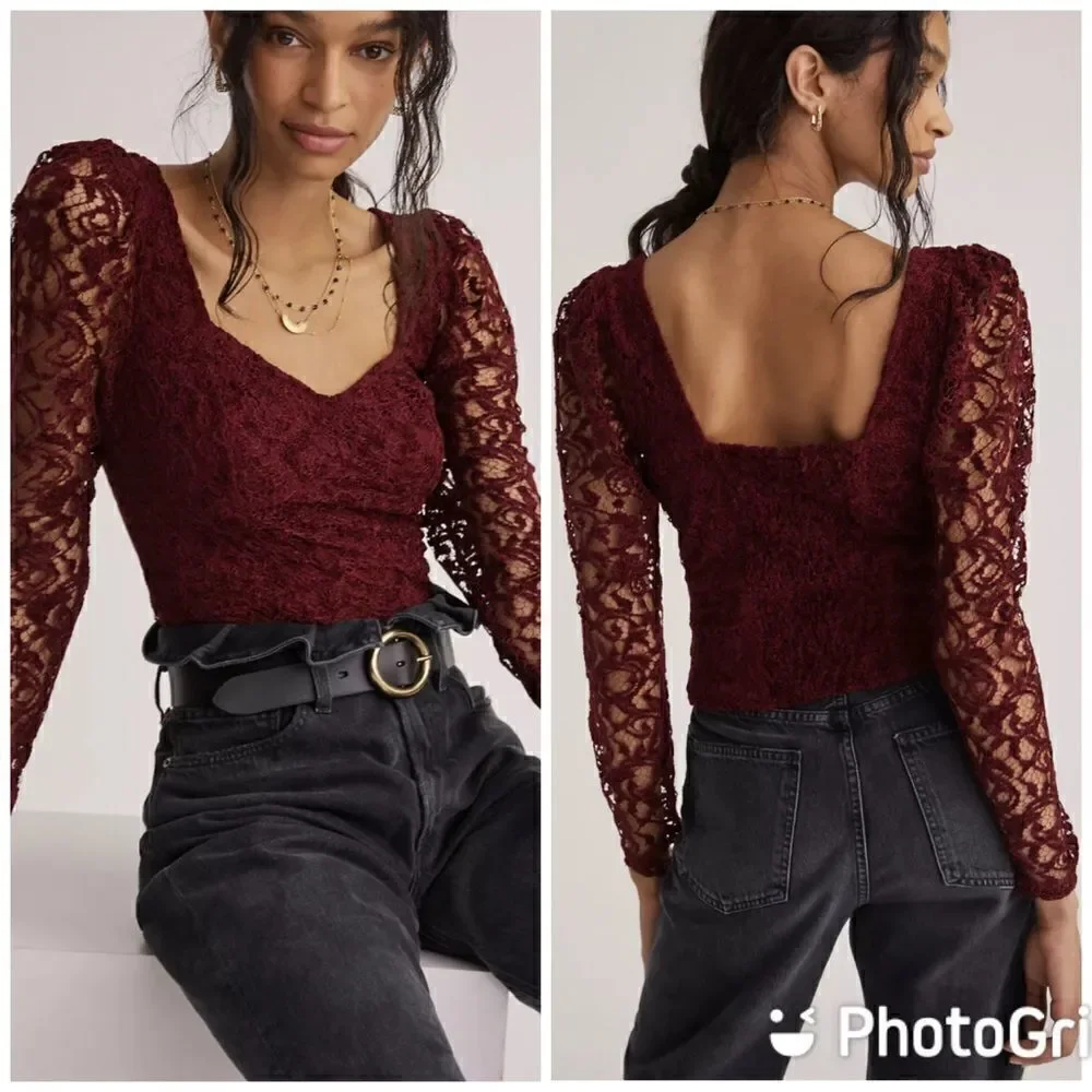 NWT Anthropologie Sweetheart Lace Top Medium Wine